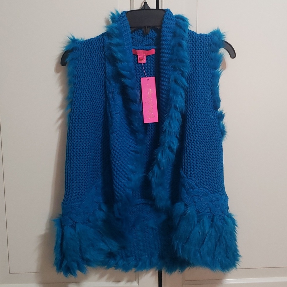 NWT Lilly Pulitzer NWT Torini Faux Fur Sweater Vest Teal Bay Small S - Picture 4 of 5